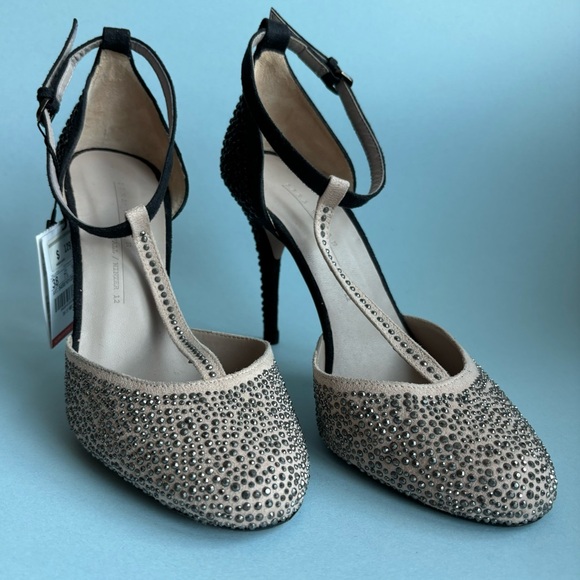 Rhinestone Studded T-strap Heels in Nude/Black/Pewter combination - Picture 3 of 7